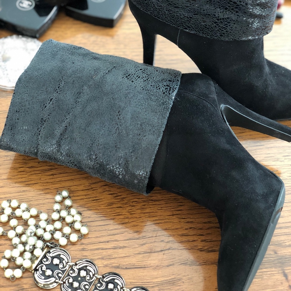 BCBG Black Crackle Patent Suede Stiletto Cuff Boot